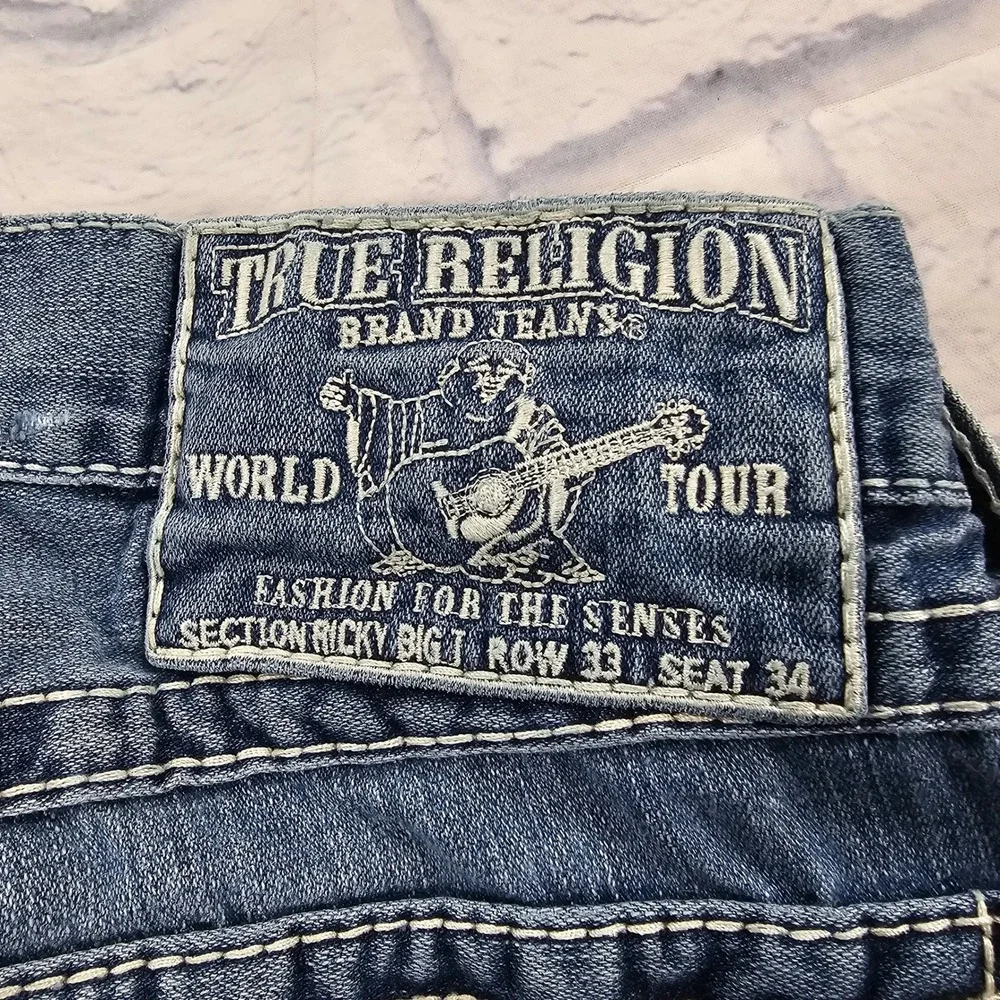True Religion Ricky Big T Jeans Mens 33X34 Blue Distressed Bootcut VTG Y2K USA